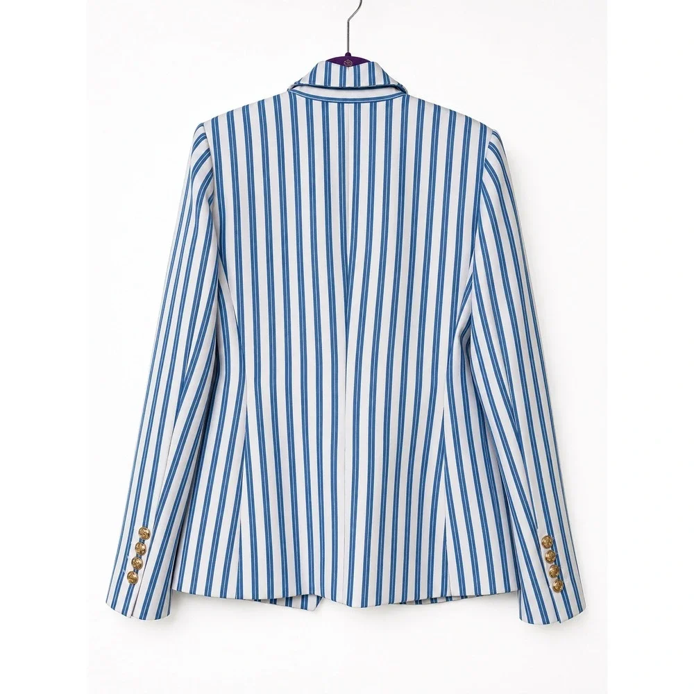 TOCCIN Blue White Striped Double Breasted Blazer Gold Button Peaked Lapel Jacket